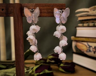 Lily of the Valley Floral Drop Earrings with Crystal Hoop Accent, Cottagecore Nature Jewelry, White Flower Gift for Her in Velvet Gift Pouch