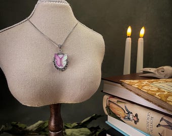 Pink Butterfly Pendant Necklace – Handmade Polymer Clay and Epoxy Jewelry in Vintage Silver Frame, Gothic Fairycore Gift, Nature Jewelry