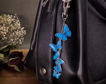 Long Blue Butterfly Bag Charm Keychain – Handmade Layered Butterflies in Polymer Clay and Epoxy, Elegant Purse Accessory, Gift for Her