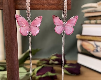 Pink Butterfly Dangle Earrings Polymer Clay with Crystal Studs and Tassel Chains, Fairycore Gift for Her, Lightweight Nickel free Whimsical
