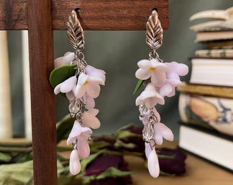 Lilac Flower Dangle Earrings Polymer Clay and Crystal Beads, Soft White Botanical Jewelry Gift for Her, Elegant Nature Style Velvet Set