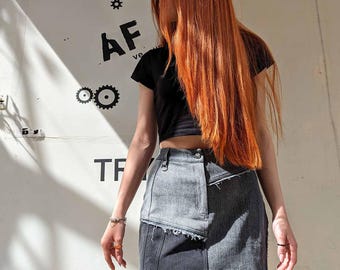Upcycled Denim Mini Skirt: Asymmetrical Grey & Black, Silver Details