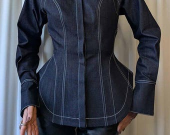 Tailored button-up denim shirt in dark blue and metallic buttons