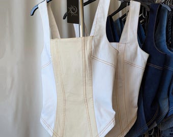 Upcycled Denim Corset Tank Top: Butter yellow & White, Golden Details, Adjustable Satin Straps