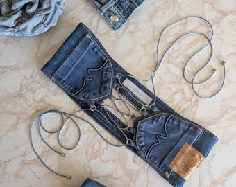 Upcycled denim cropped top from jeans pockets and adjustable satin straps