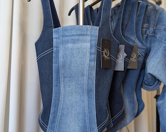 Upcycled Denim Corset Tank Top: Blue, Silver Details, Adjustable Satin Straps