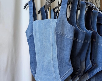 Upcycled Denim Corset Tank Top: Blue, Silver Details, Adjustable Satin Straps