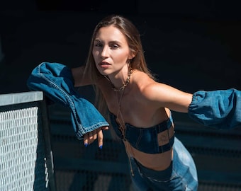 Denim sleeves from upcycled jeans in blue, Sustainable accessory