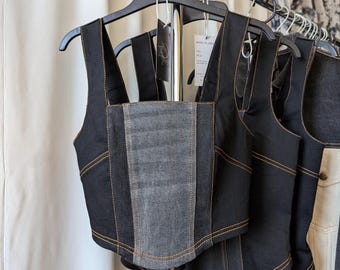Upcycled Denim Corset Tank Top: Black & Gray, Golden Details, Adjustable Satin Straps