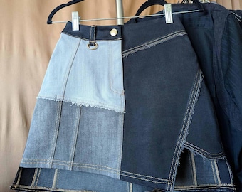 Upcycled Denim Mini Skirt: Asymmetrical Grey & Black, Golden Details