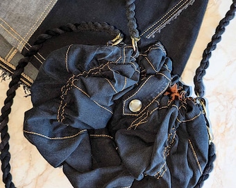 Reversible Crossbody Bag in Upcycled Denim & Satin | Handmade Sustainable Purse with Detachable Straps