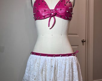 Hot Pink Leather Spiked Mini Skirt & Bikini Top Set
