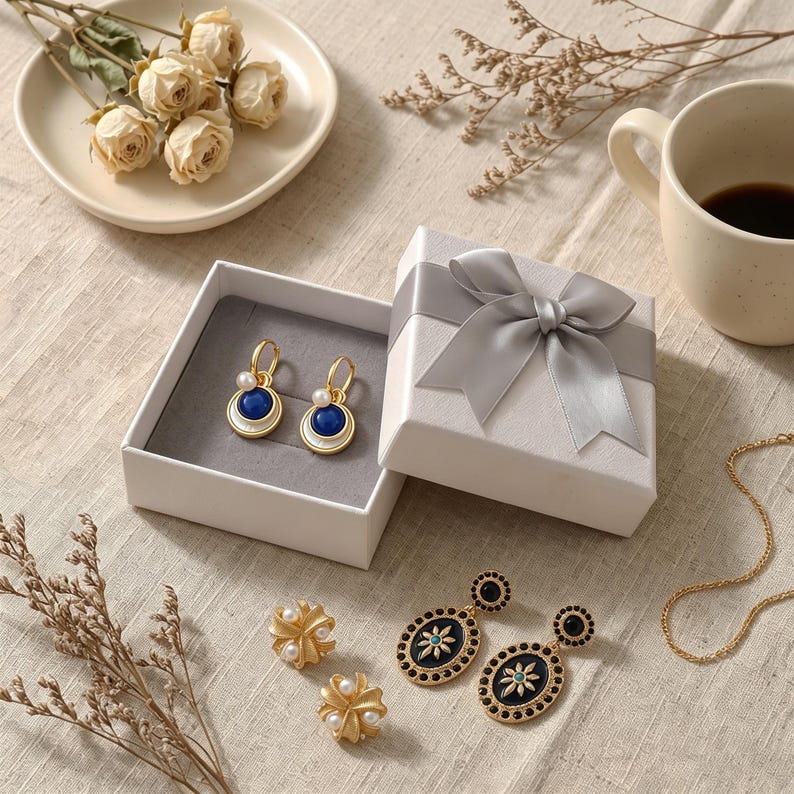 Puede incluir: Una caja de regalo blanca con un lazo gris que contiene un par de pendientes de aro dorados con piedras azules y perlas blancas. Tambi&eacute;n incluye dos pendientes dorados en forma de estrella con perlas y dos ovalados con esmalte negro.