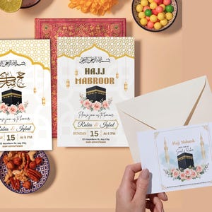 Hajj-uitnodigingssjabloon, Hadj Mabroor, bewerkbare Hajj Mubarak-feestuitnodiging, moslimviering digitale download, Haj-evenementaankondiging minimaal