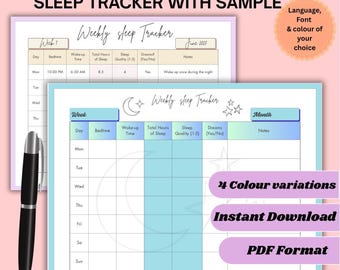 May include: A printable sleep tracker with a light blue and green color scheme. The tracker includes sections for bedtime, wake-up time, total hours of sleep, sleep quality, dreams, and notes. The text "Weekly Sleep Tracker" is at the top of the page. The text "4 Color Variations", "Instant Download", and "PDF Format" are at the bottom of the page.