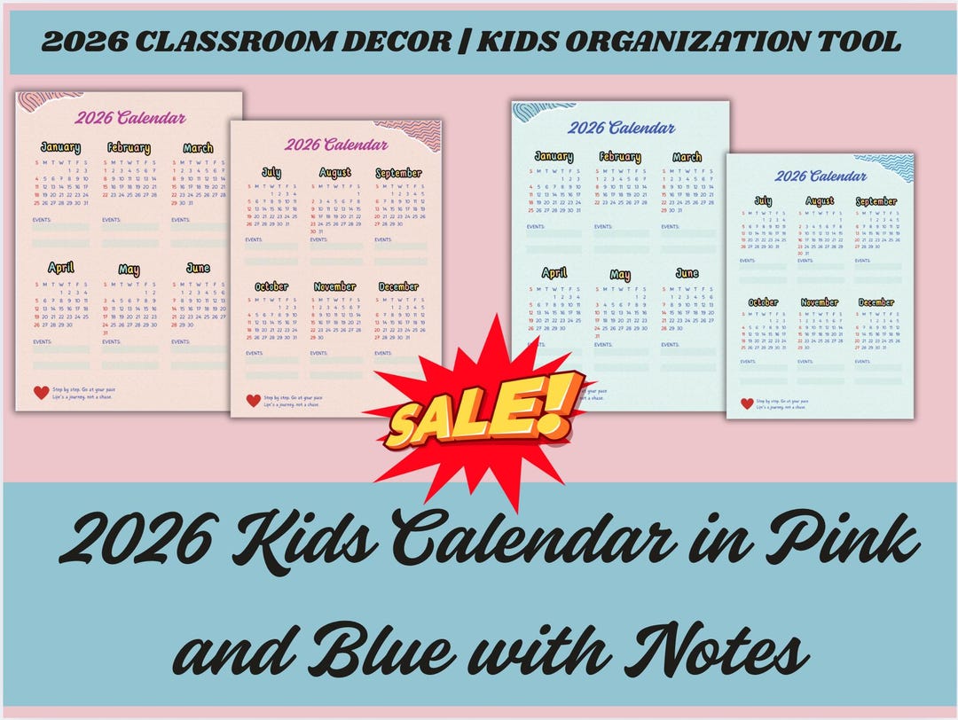 2026 Kids Calendar Printable: Two-page Pink & Blue Planner (PDF) - Etsy