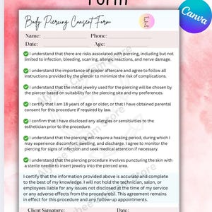 Body Piercing Consent Form Template |Editable Canva PDF for Piercers |Piercing Studio Client Waiver |Piercing Client Intake and Consent Form