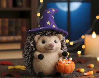 Handmade Wool Felt Halloween Hedgehog, Spooky Animal Decor