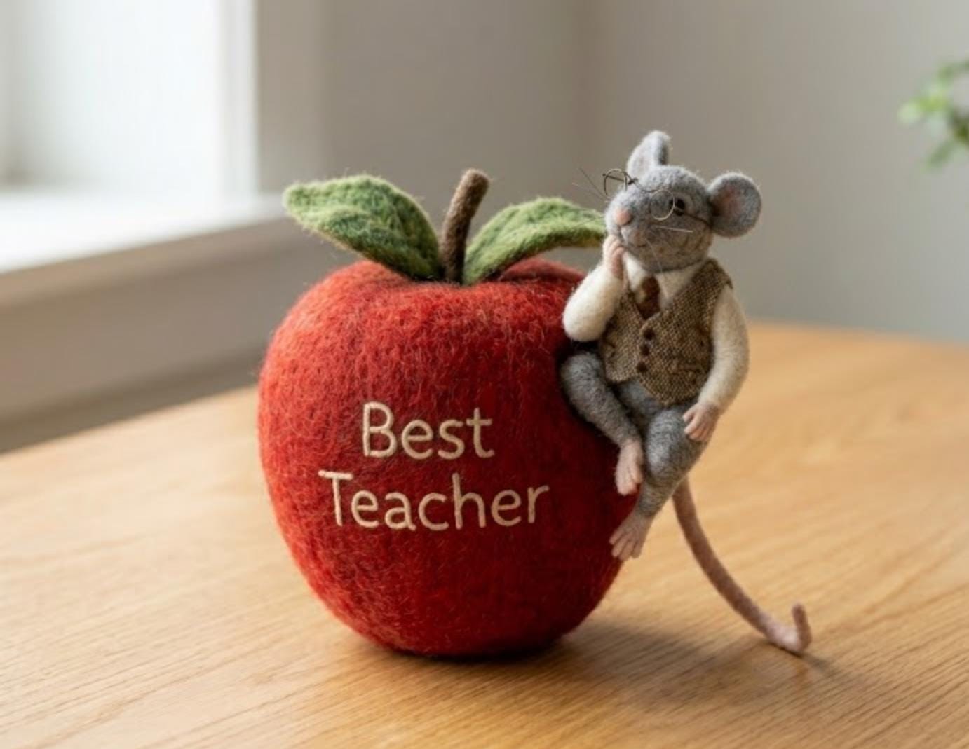 Teacher Appreciation Gift Felt Mouse, Needle Felted Mouse, Coffee Teacher Gift or Apple Best Teacher, Handmade Desk Decor, End of Year Gift