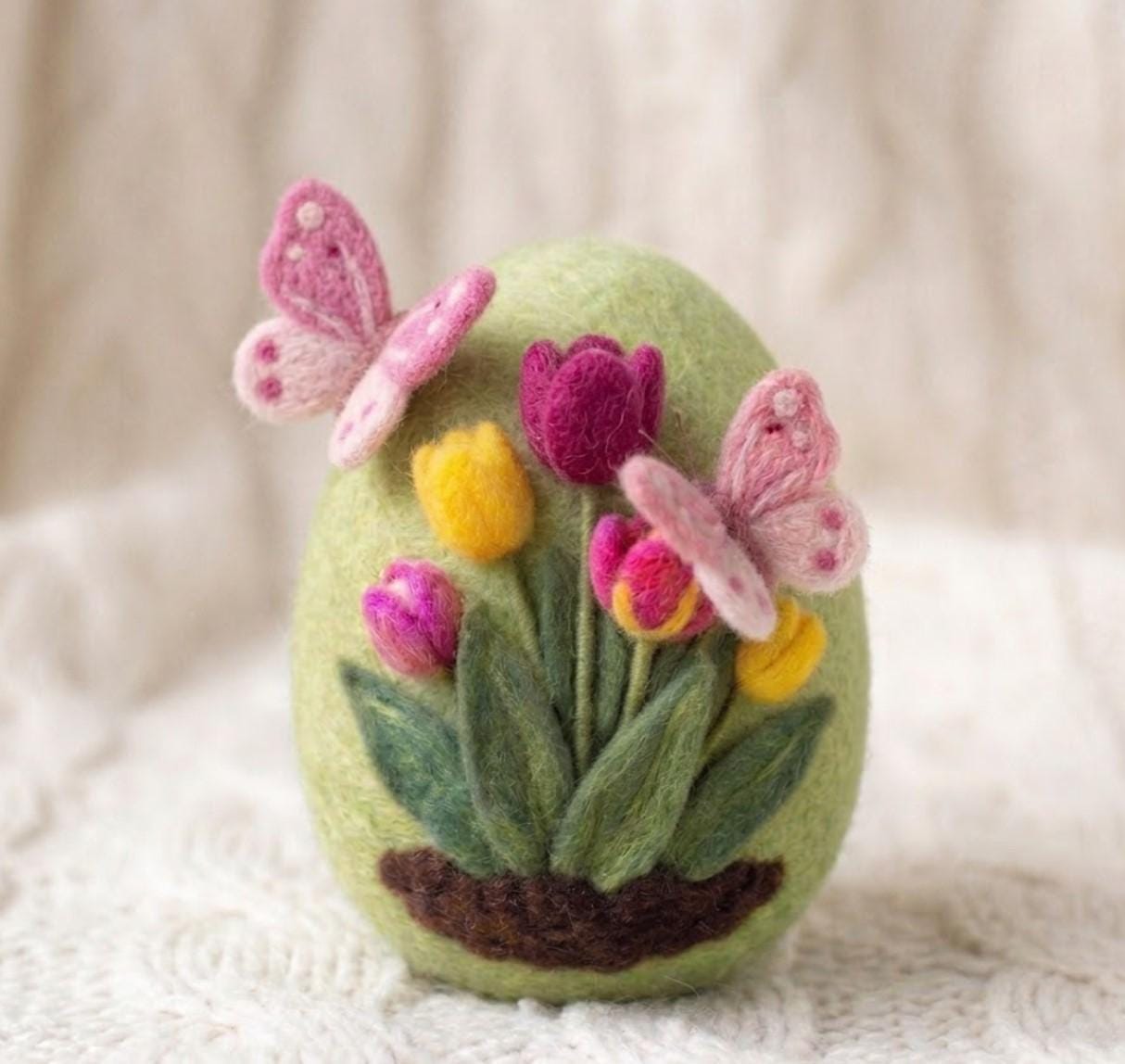 Handmade Needle Felted Easter Egg Ornament, Wool Flower and Animal ...