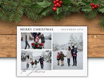 Op de afbeelding: Een kerstkaart met de tekst "MERRY CHRISTMAS" en "DECEMBER 2025". De kaart bevat familiefoto's in een besneeuwde omgeving. De achternaam "The Johnsons" is in cursief geschreven. Hulst en dennentakken versieren de bovenkant.
