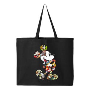 May include: Black tote bag with a colourful Mickey Mouse design. The cartoon character is filled with various images of Mickey Mouse in different poses and outfits. The bag has long black handles.