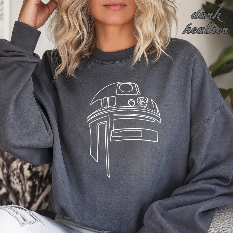 Pu&ograve; includere: Una felpa grigia melange scuro con un contorno bianco di R2-D2 di Star Wars.