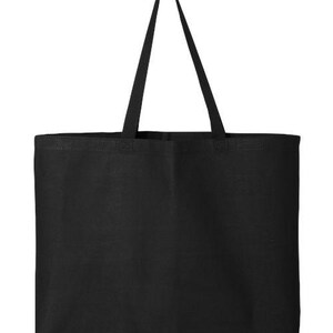 May include: A plain black tote bag with two long handles. The bag has a rectangular shape with a wide opening and is made of a durable material. The handles are attached at the top corners, suitable for carrying over the shoulder.