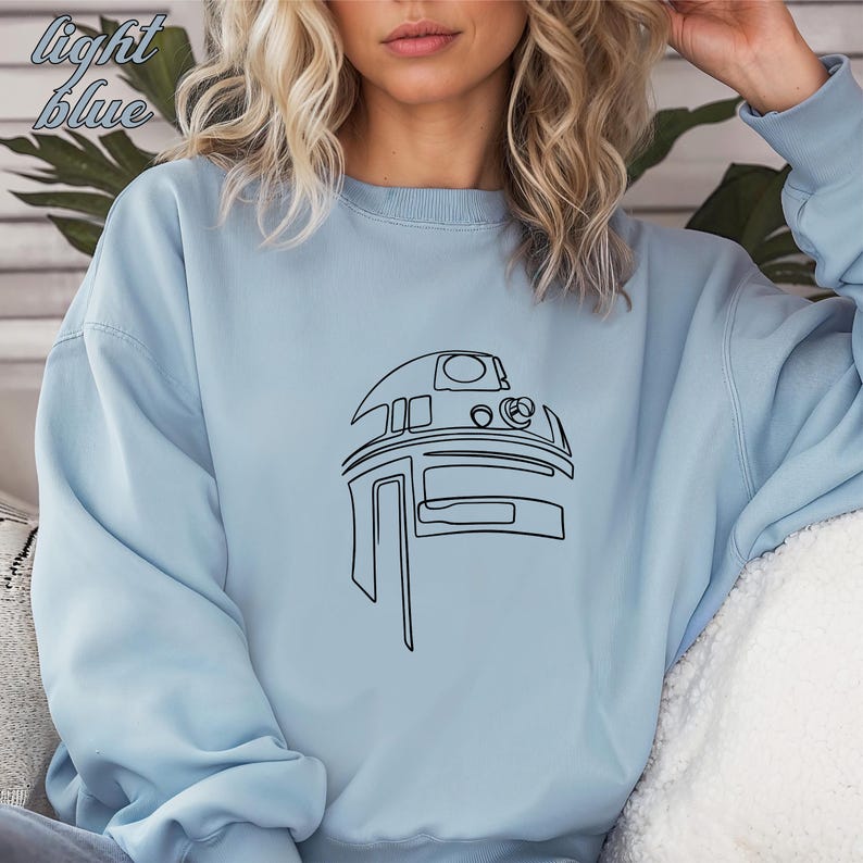 Pu&ograve; includere: Una felpa di colore azzurro chiaro con un disegno a linea nera di R2-D2 di Star Wars.