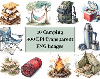 Watercolor Camping Clipart PNG, Summer Adventure Bundle