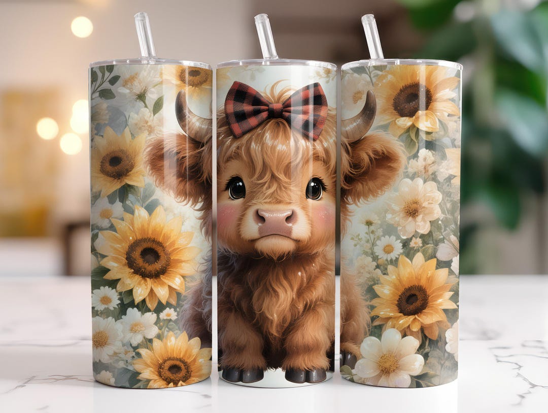 Highland Cow Floral Tumbler Wrap PNG 20oz Skinny | Cottagecore ...