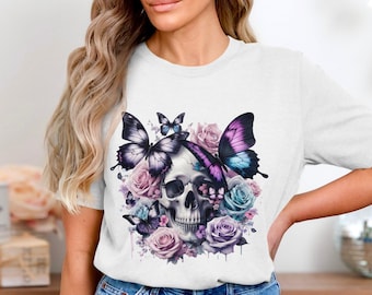 Crâne Papillon Rose PNG, motif de sublimation floral gothique