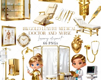 Paquete de imágenes prediseñadas médicas en formato PNG / Gráficos de atención médica en oro de 18 quilates para enfermeras y médicos / Ilustraciones de paquetes de imágenes prediseñadas médicas en formato PNG para enfermeras y médicos
