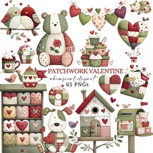 Colección de imágenes prediseñadas de San Valentín: Corazones de patchwork en acuarela (descarga digital PNG)