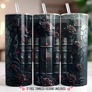 Gotische boekenplank Tumbler Wrap 20oz naadloze sublimatie Tumbler Design Dark Romance PNG Black Rose Book Lover Wrap Spooky Library Art