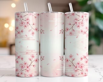 Diseño PNG de vaso térmico de 20 oz con estampado de flores de cerezo (formato delgado para sublimación) / Diseño PNG sin costuras con estampado floral rosa Sakura / Diseño PNG de acuarela con estampado de flores de cerezo (formato para sublimación)