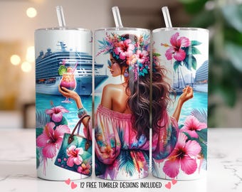 Cruise Girl Tumbler Wrap, Tropical Floral Design (PNG Digital Download)