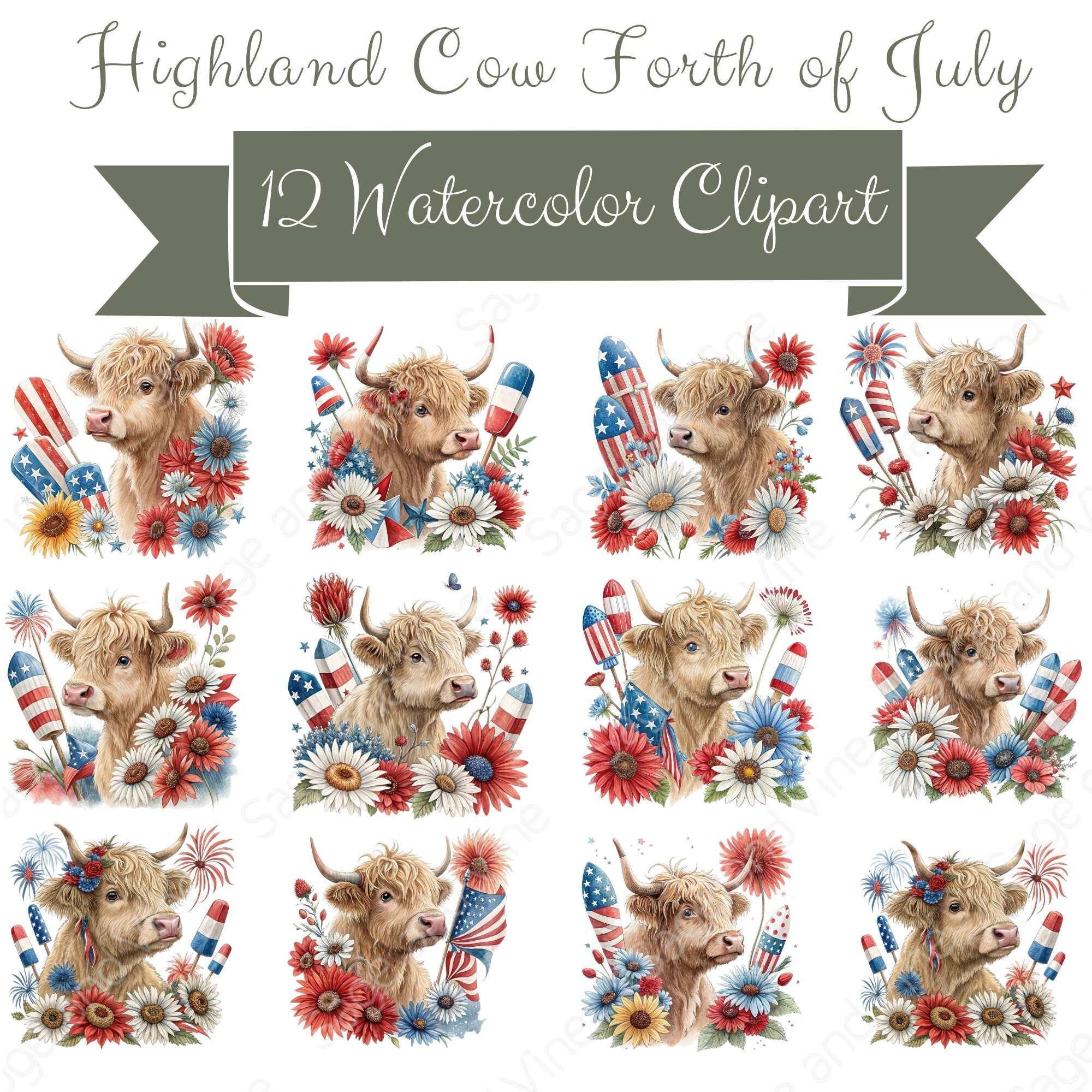Watercolor Highland Cow Clipart PNG | Patriotic American Flag 4th of ...