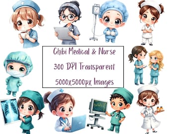 Cute Nurse Doctor Clipart PNG Bundle | Chibi Kawaii Medical Healthcare Graphics | Nurse Clipart Planner Stickers Digital Download