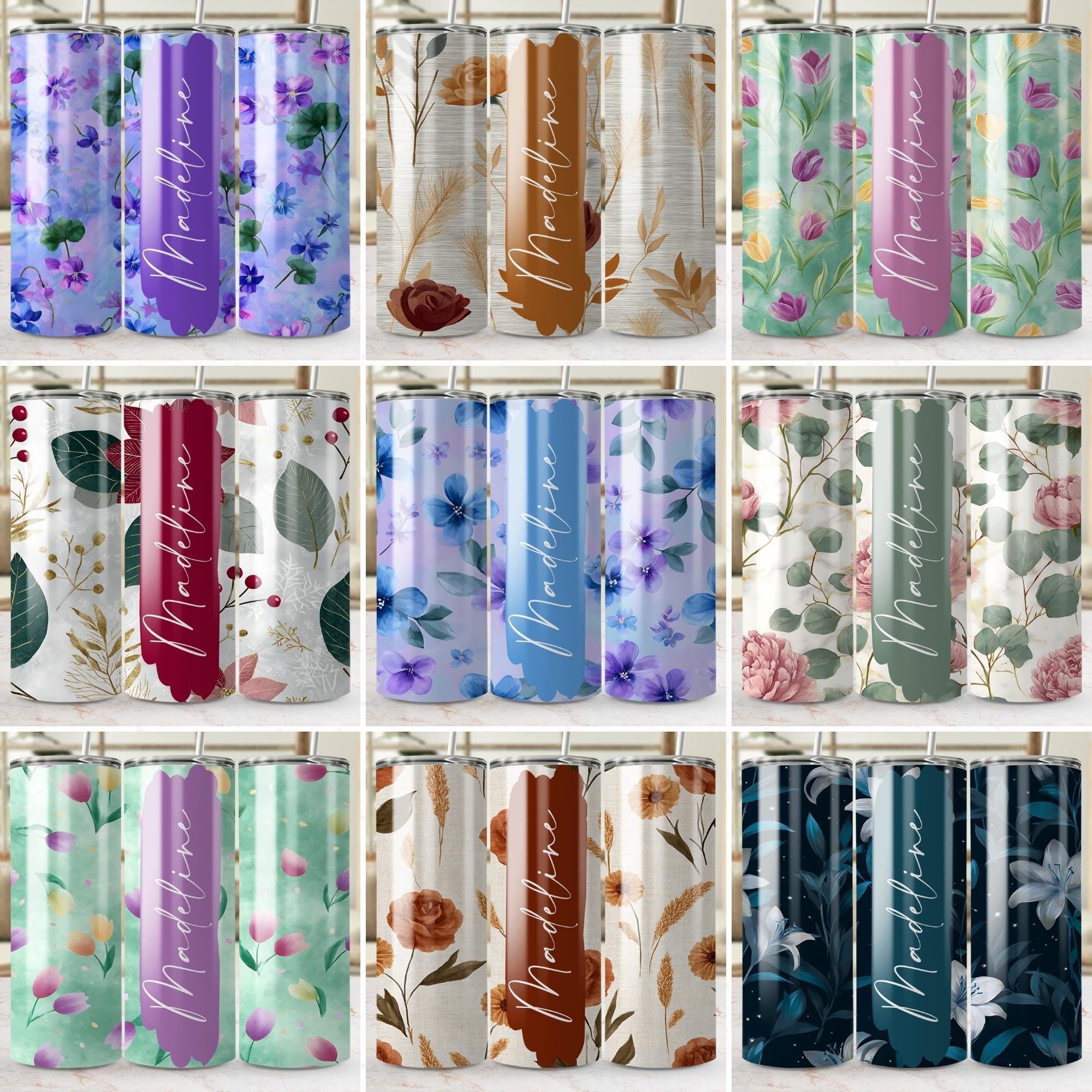 Floral Tumbler Wrap PNG Bundle 100 Designs 20oz | Seamless Add Your ...