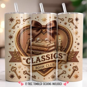 Vaso PNG para sublimación del Club de Lectura de Clásicos, diseño vintage de libros, arte de lectura de Dark Academia, descarga digital para amantes de los libros