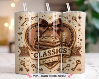 Dark Academia Tumbler Wrap PNG 20oz Seamless Sublimation | Classics Book Club Bookish Design | Vintage Reader Sublimation Tumbler Wrap