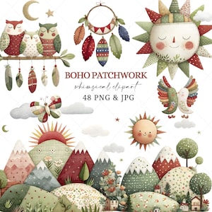 Boho Clipart Set PNG 48 PNGs | Patchwork Sun Moon Feathers Folk Art | Earthy Boho Baby Shower Whimsical Art