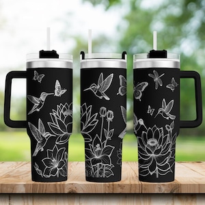40 oz Tumbler Wrap svg, Hummingbird Butterfly Lotus Flower, Laser Cut File, eps dxf png jpeg pdf, Floral Digital Download, Tumbler Design