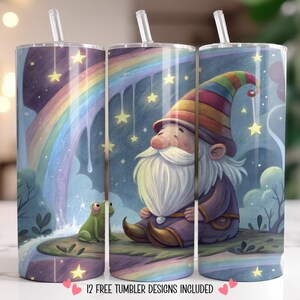 Envoltura para vaso de gnomo arcoíris de 20 oz, diseño de sublimación sin costuras, linda rana PNG, bosque mágico, noche, estrellas, envoltura pastel