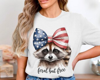 Patriotic Raccoon PNG | USA Flag Bow 4th of July T-Shirt Mug Design | Feral but Free