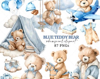 Blauwe teddybeer clipart PNG babykamer afbeeldingen babyshower jongen aquarel illustratie kunst uitnodiging digitale download