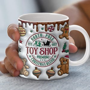 Puffy 3D Aufgeblasene Becherverpackung PNG, Nordpol Spielzeugladen Becher Design, digitaler Download, Sublimationstassenverpackung, 11 Unze 15 Unze Vorlage