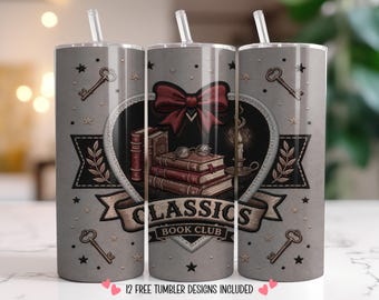 Classics Book Club Tumbler Wrap PNG 20oz Seamless Sublimation | Dark Academia Bookish Design | Vintage Reader Tumbler Wrap PNG Design