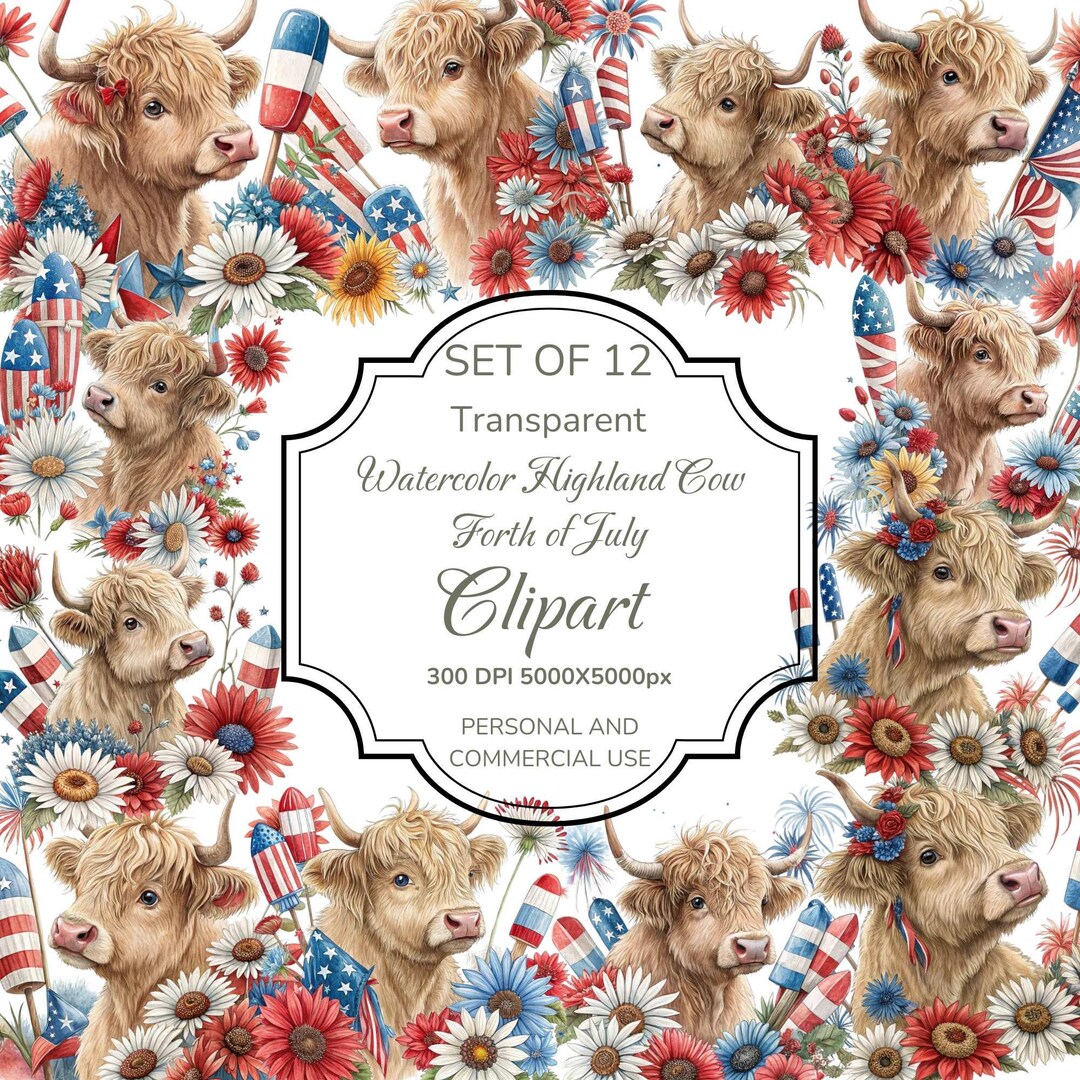 Watercolor Highland Cow Clipart PNG | Patriotic American Flag 4th of ...